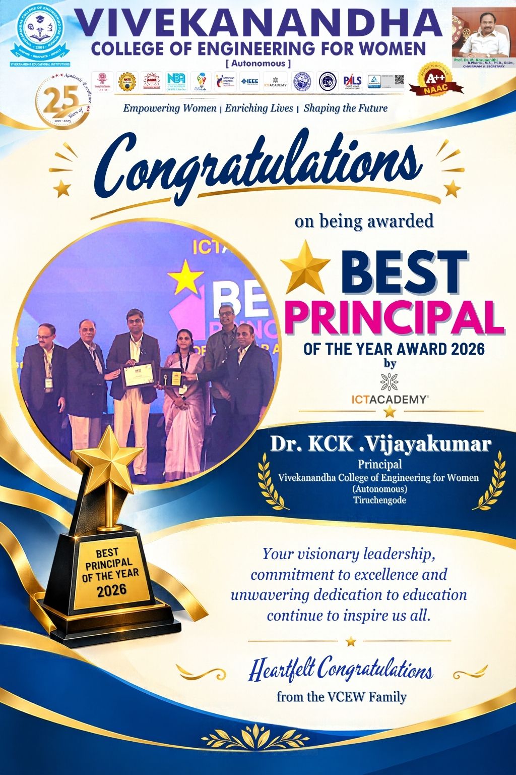 Dr. KCK. Vijayakumar, “Best Principal Award – 2026” ICT Academy BRIDGE’26